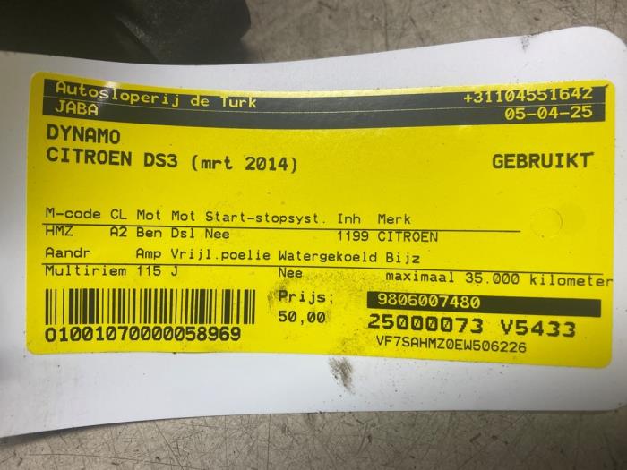 Dynamo van een Citroën DS3 (SA) 1.2 12V PureTech 82 2014
