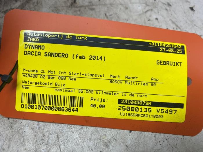 Dynamo van een Dacia Sandero II 0.9 TCE 12V 2014