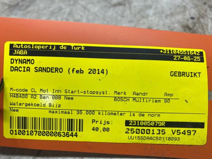 Dynamo van een Dacia Sandero II 0.9 TCE 12V 2014