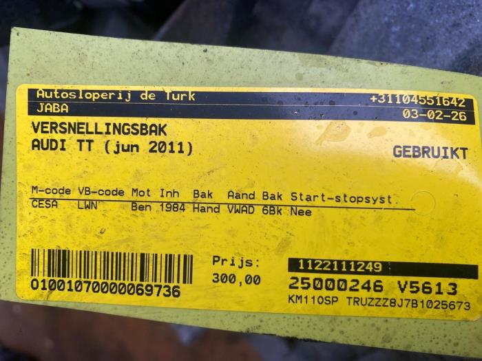 Versnellingsbak van een Audi TT (8J3) 2.0 TFSI 16V 2011