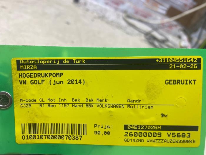 Gebruikte Hogedrukpomp Volkswagen Golf VII (AUA) 1.2 TSI 16V Prijs € 108,90 Inclusief btw aangeboden door Autosloperij de Turk