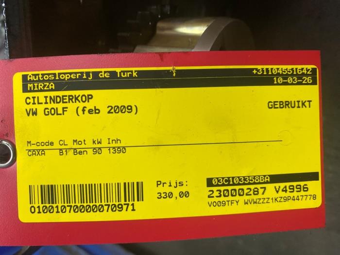 Cilinderkop van een Volkswagen Golf VI (5K1) 1.4 TSI 122 16V 2009