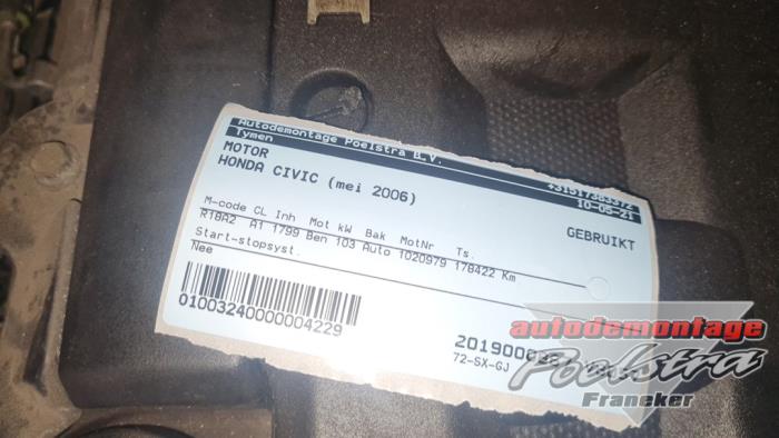 Gebruikte Motor Honda Civic (FK/FN) 1.8i VTEC 16V Prijs € 350,00 Margeregeling aangeboden door Autodemontage Poelstra B.V.