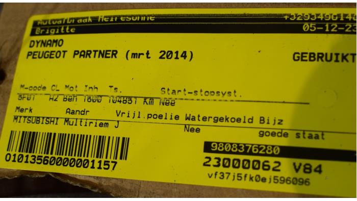 Dynamo van een Peugeot Partner Tepee (7A/B/C/D/E/F/G/J/P/S) 1.6 VTi 95 16V Phase 2 2014