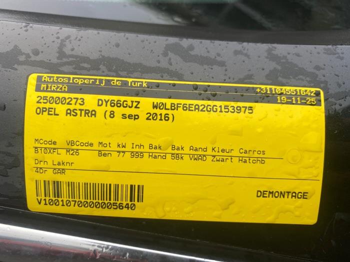Opel Astra K 1.0 SIDI Turbo 12V Sloopvoertuig (2016, Zwart)